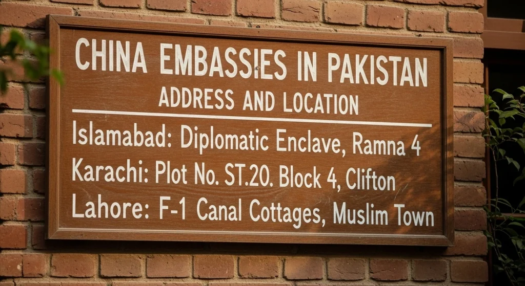China Embassies in Pakistan Address and Location

Islamabad: Diplomatic Enclave, Ramna 4

Karachi:  Plot No. ST.20, Block 4, Clifton

Lahore: F-1 Canal Cottages, Muslim Town