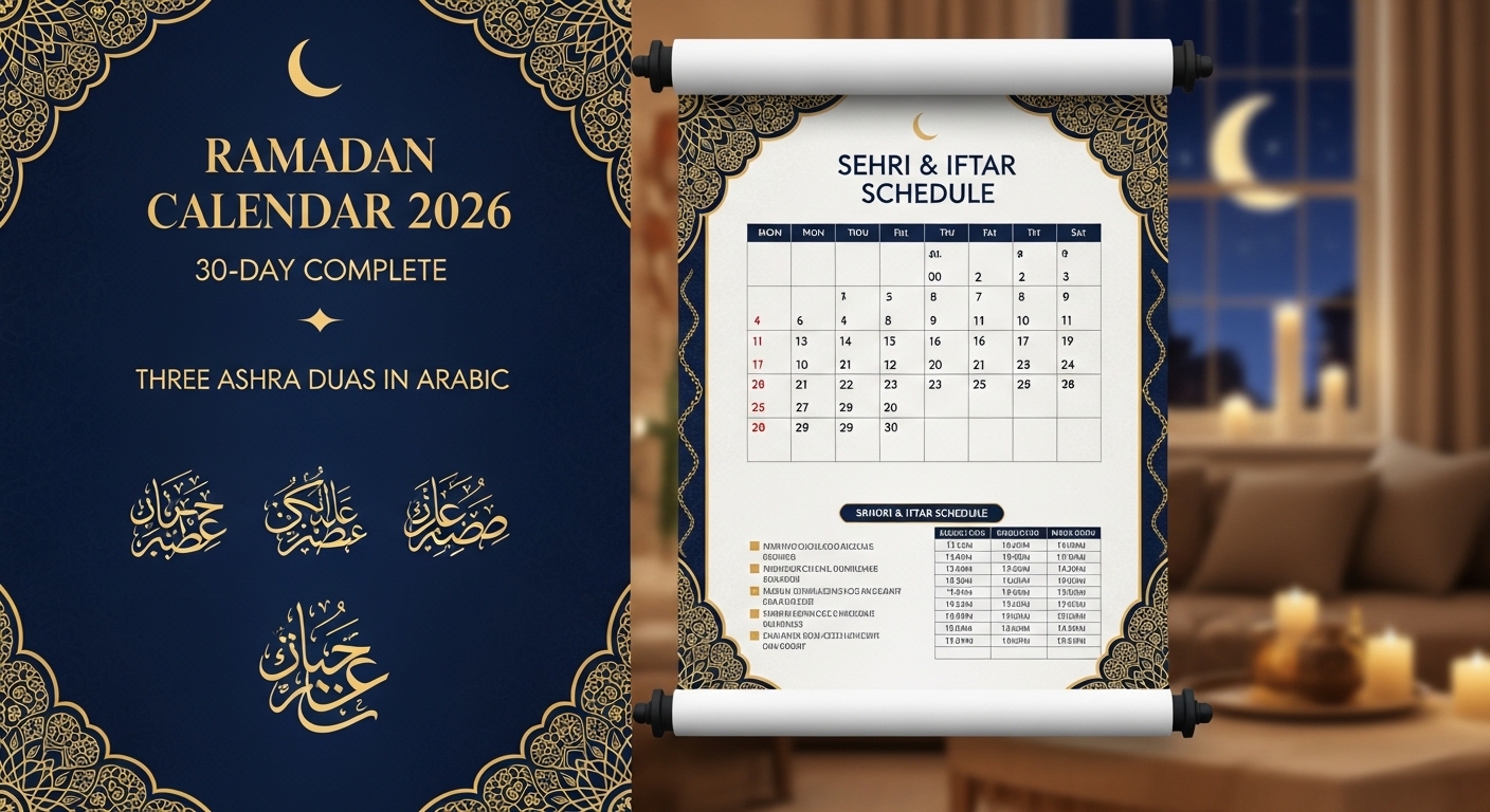 Ramadan Calendar 2026 30-Day Complete| Three Ashra Duas in Arabic | Sehri & Iftar Schedule